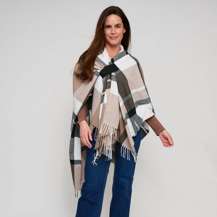 Alora Open Front Taupe Plaid Wrap