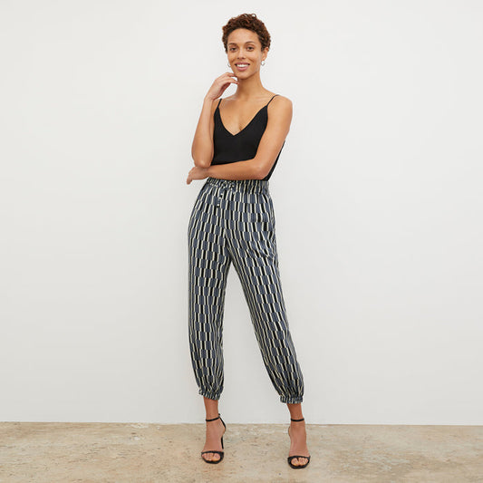 Front image of a woman wearing the Amelia Jogger - Arpeggio Print Washable Silk in Blue / Black | Lead