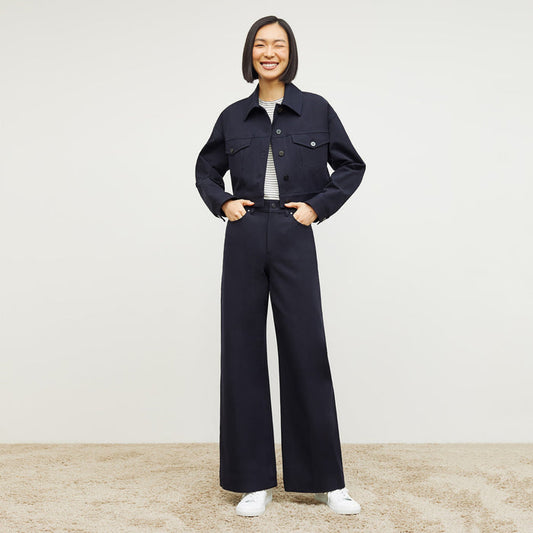 Front image of a woman standing wearing the Anna Jacket—Better Than Denim in Ink | Lead