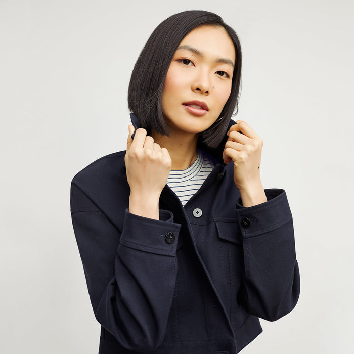 Detail image of a woman standing wearing the Anna Jacket—Better Than Denim in Ink