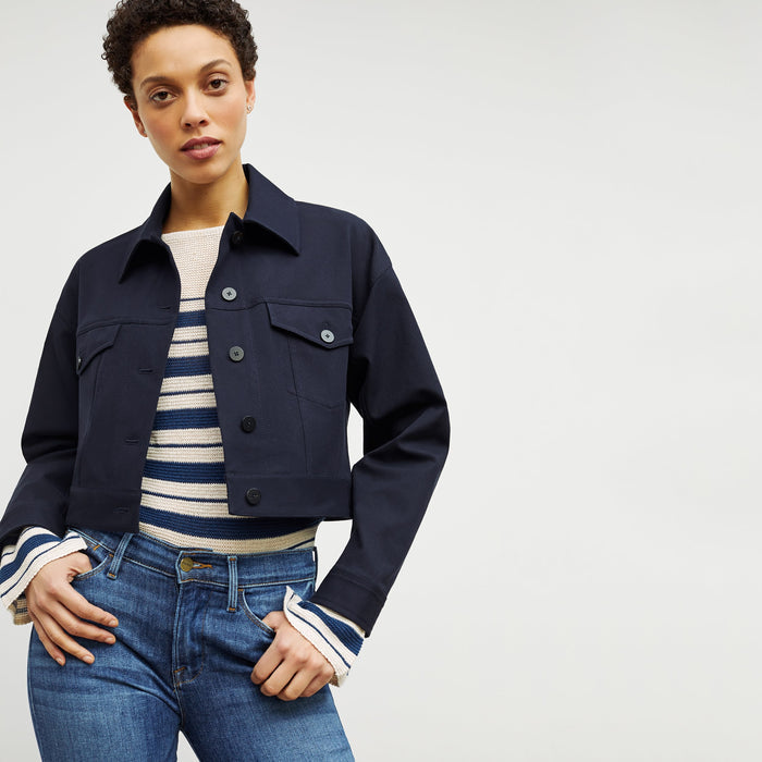 Front image of a woman standing wearing the Anna Jacket—Better Than Denim in Ink