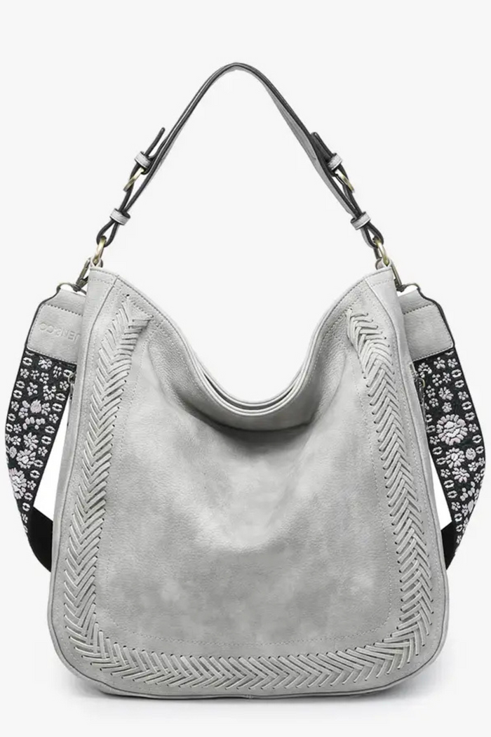 Aris Light Grey Whipstitch Hobo with Guitar Strap