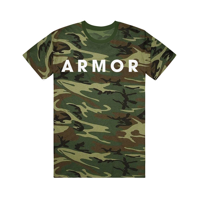 A short-sleeve T-shirt by Armor For Sleep featuring a green and brown camouflage pattern with ARMOR in bold white letters across the chest.
