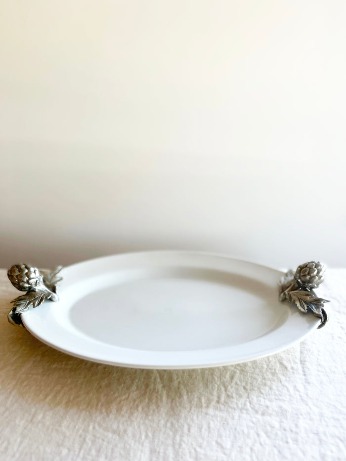 serving tray white with pewter artichoke handles side view