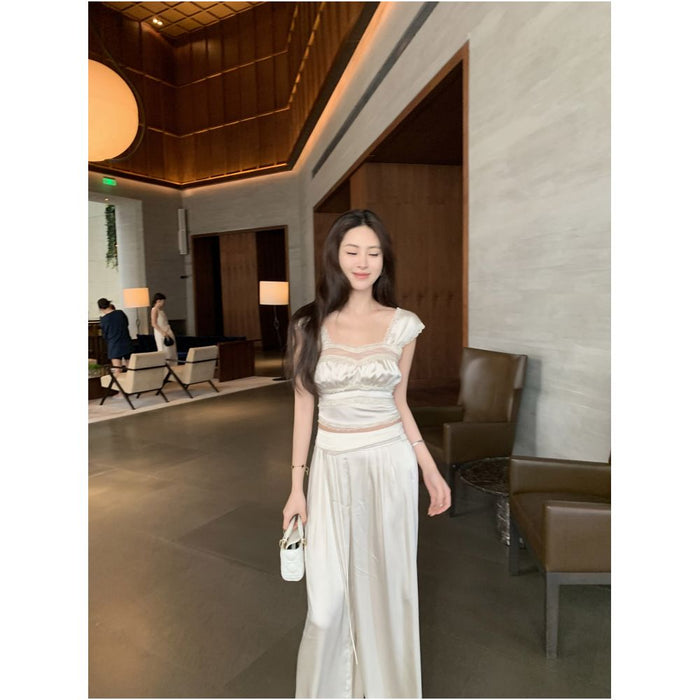 Sam Seoi Da Fan Satin Lace Trim Camisole Women s Tank Top and Silky Wide Leg Pants Two Piece Set image 4