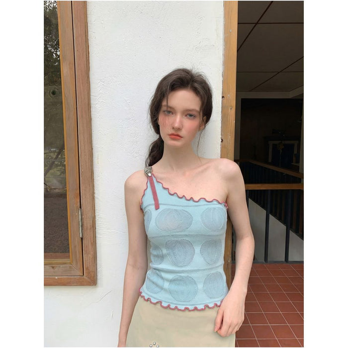 CRUCREAMSU One Shoulder Design Ruffled Trim Tank Top for Women Summer Slim Fit Vacation Style image 2