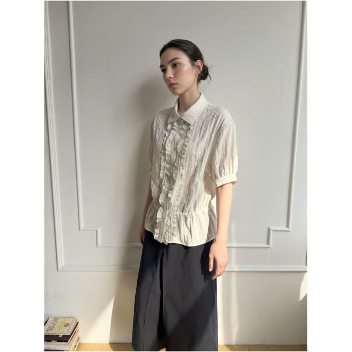 RREIKO Linen metallic textured placket with pleated lace trim fitted waist short sleeved shirt image 1