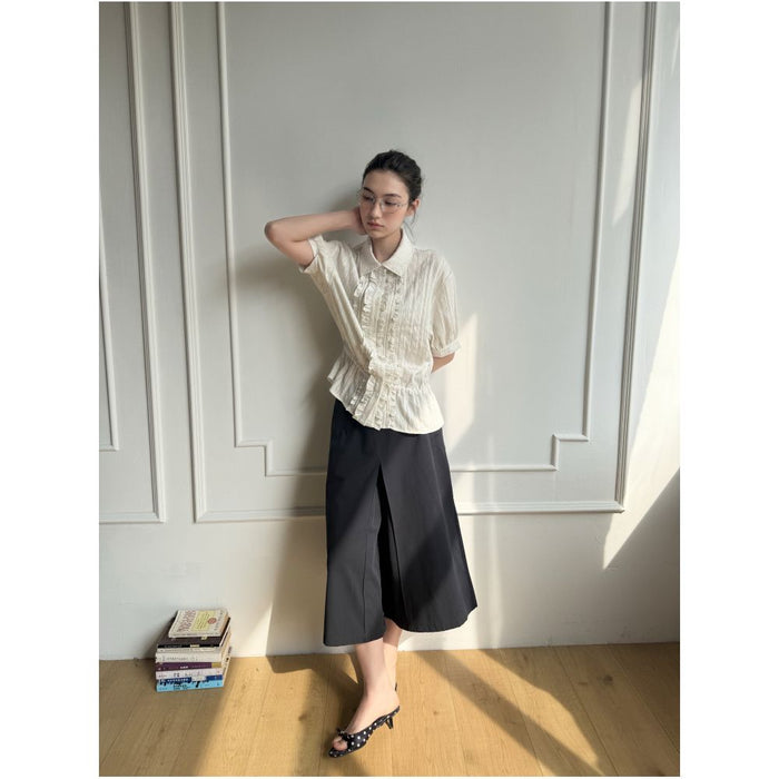 RREIKO Linen metallic textured placket with pleated lace trim fitted waist short sleeved shirt image 2