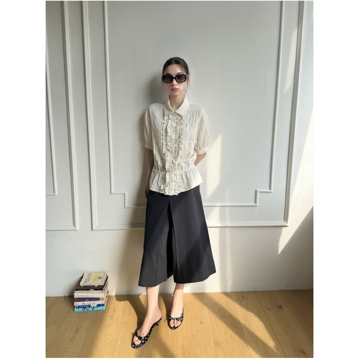 RREIKO Linen metallic textured placket with pleated lace trim fitted waist short sleeved shirt image 3