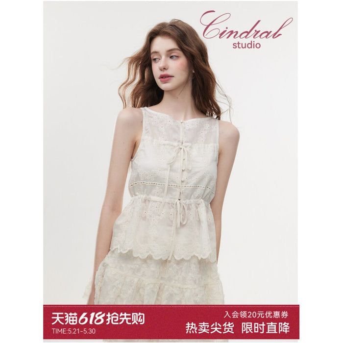 Xidi 2026 Summer Tencel Hollow out Lace Embroidered Vest for Women Stylish Sleeveless Top Slim Fit image 0
