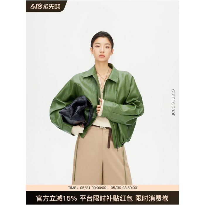 JCCC Shadow Negotiator Minimalist Green Short Leather Jacket Slimming and Versatile for Commuting image 0