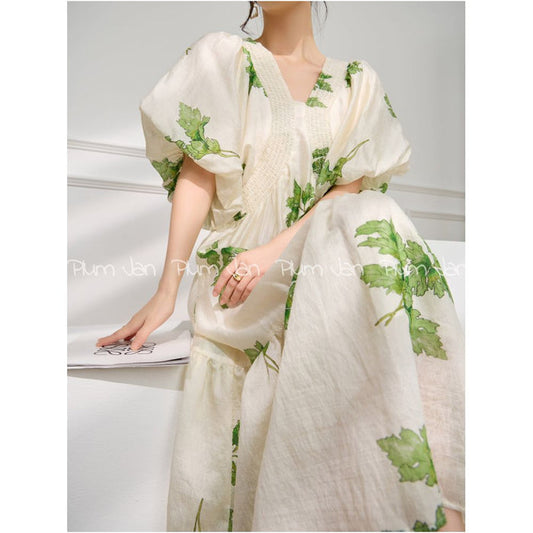 ASAYA6795 – Verdant Muse Puff Sleeve Dress 🌿🤍