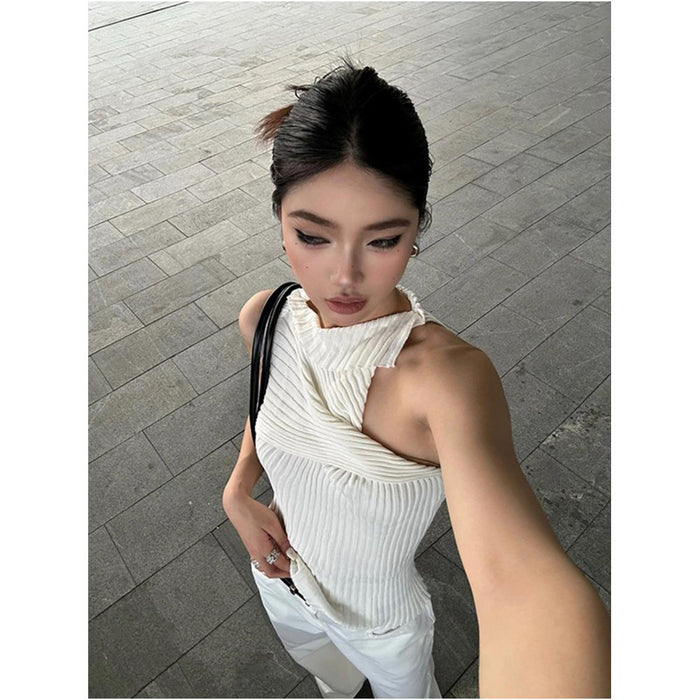 Turn up Chen Tuier Asymmetrical hem structured ribbed knit vest women s design hot girl top image 0