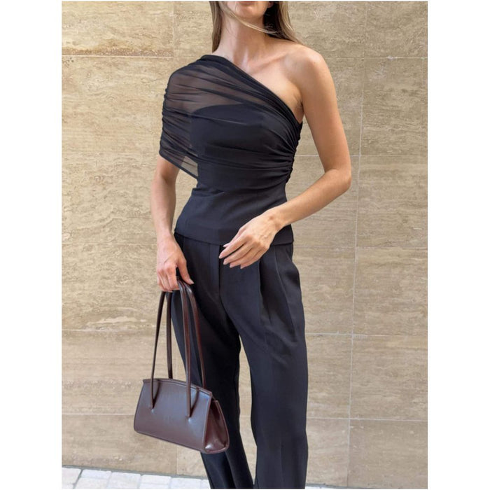 Australian niche design KOOKAI slim fit off shoulder mesh patchwork top image 0