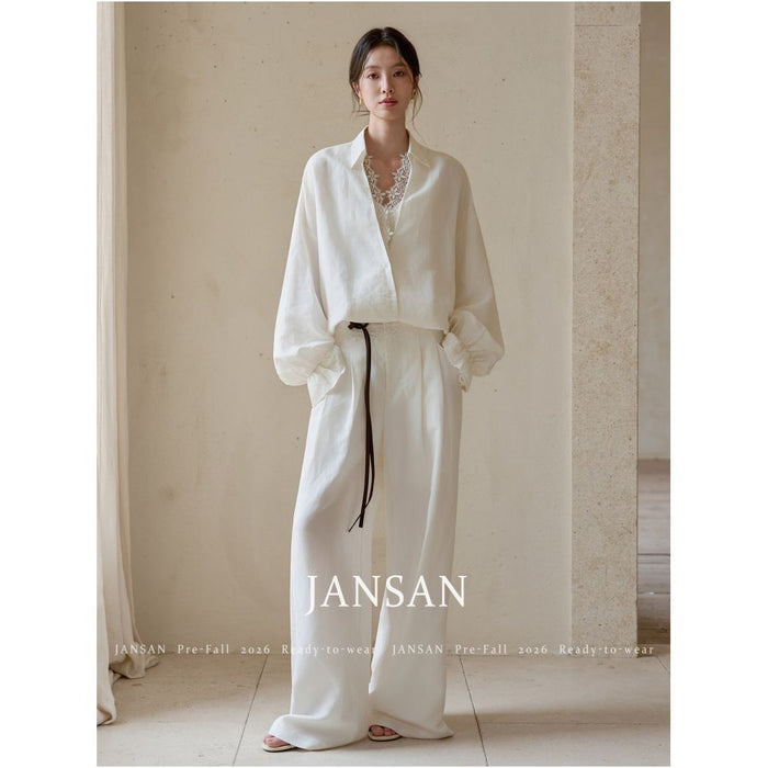 JANSAN Lenzing Tencel and Paper Yarn Faux Two Piece Lace Vest Shirt Wide Leg Casual Trousers Set image 1