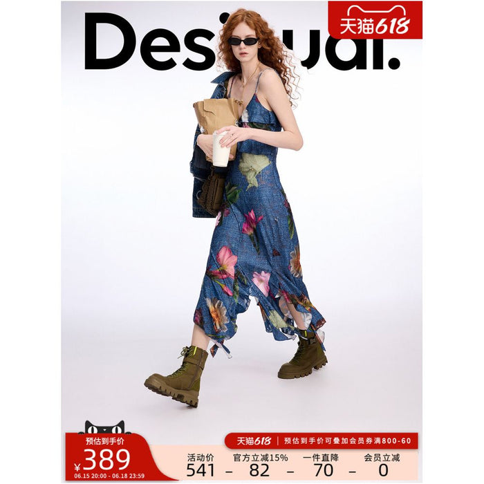 Desigual Spring Summer 2026 New Arrival Floral Print Textured Ruffled Long Spaghetti Strap Dress image 0