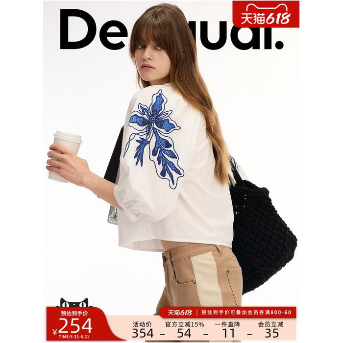 Desigual Spring Summer 2026 New Arrival Floral Beaded Embroidery V Neck Mid Sleeve Women s Shirt image 0