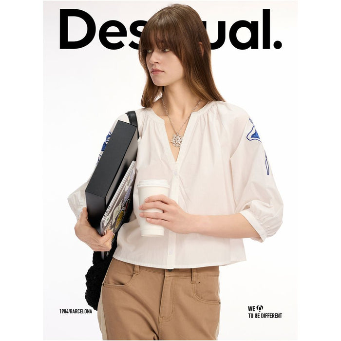 Desigual Spring Summer 2026 New Arrival Floral Beaded Embroidery V Neck Mid Sleeve Women s Shirt image 2