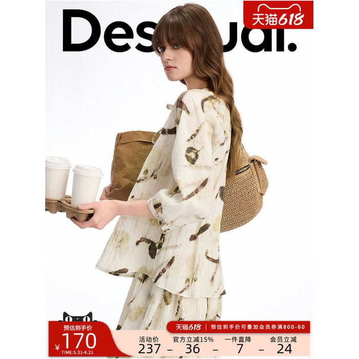 Desigual Loose fitting Abstract Print Pleated Texture Tie up Casual Fashion Women s Shirt image 0