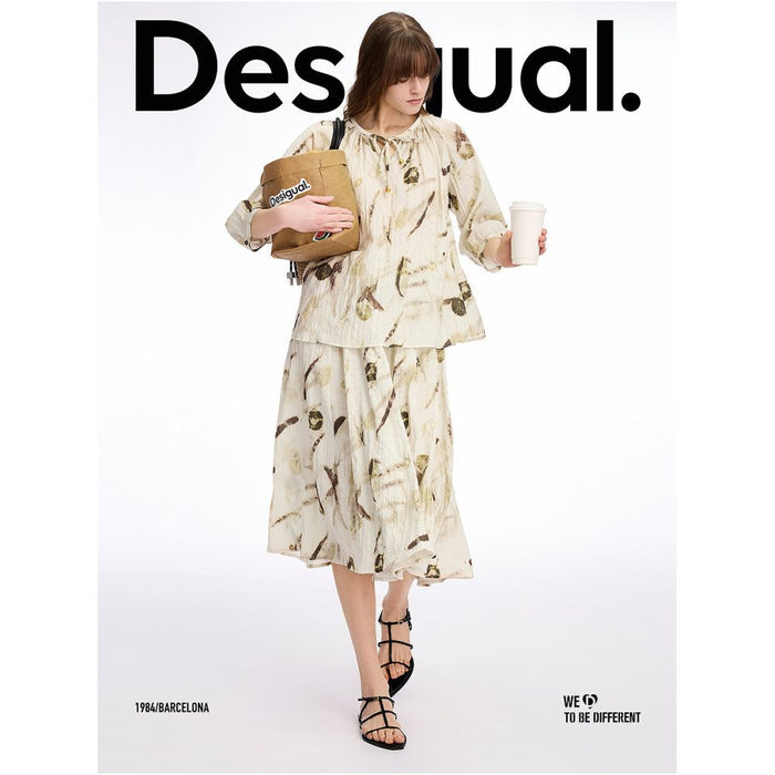 Desigual Loose fitting Abstract Print Pleated Texture Tie up Casual Fashion Women s Shirt image 3