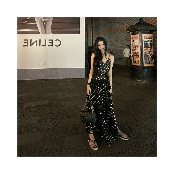 ASAYA7013 – Midnight Gold Dots Maxi Dress ✨🖤🌙