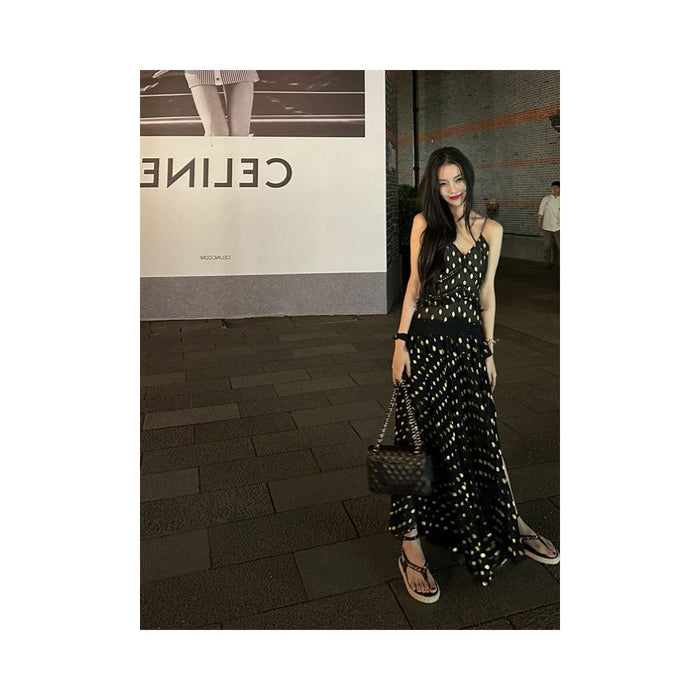 French retro style polka dot slit black slip dress for women new 2023 style elegant and sexy image 0