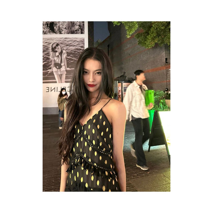 French retro style polka dot slit black slip dress for women new 2023 style elegant and sexy image 1