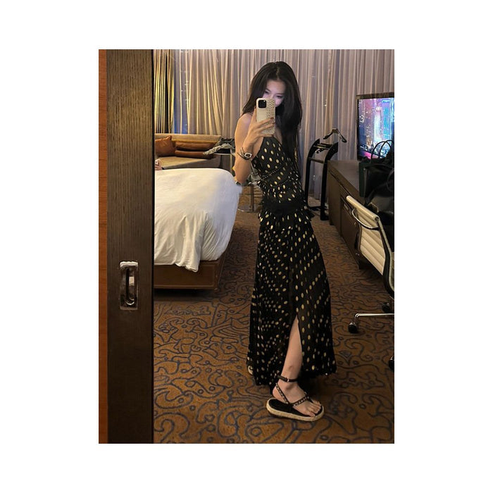 French retro style polka dot slit black slip dress for women new 2023 style elegant and sexy image 2