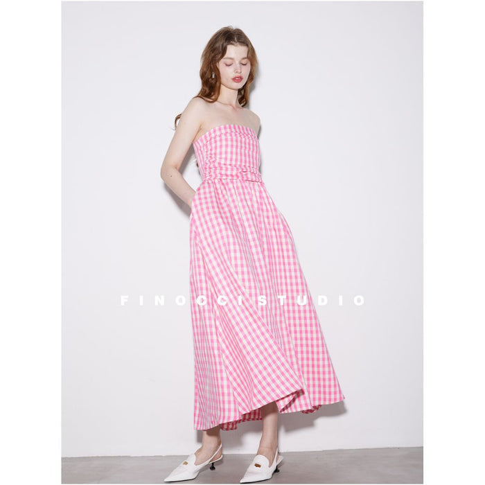 FINOCCI Summer New Women s Peach Pink Cotton High End Design Sleeveless Strapless Maxi Dress image 1