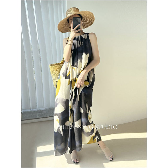 LemonChen Fashionable Art Student Silk Ink Painting Sleeveless Dress with Wrap Up Ribbon Skirt image 1