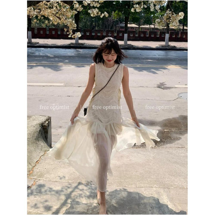 Free Optimist Almond Oil White French Style High End White Dress with Lace Trim Vest Dress image 0