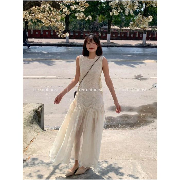Free Optimist Almond Oil White French Style High End White Dress with Lace Trim Vest Dress image 1