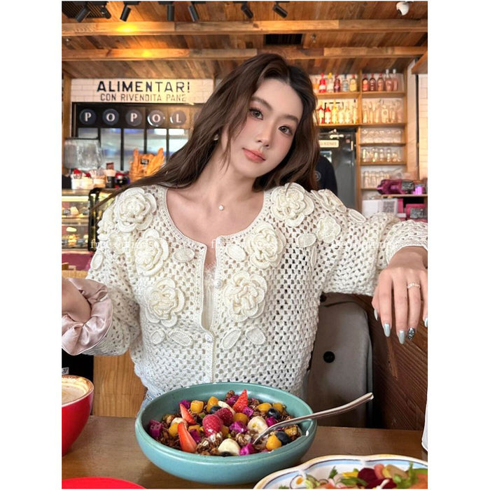 Free Optimist Handmade 3D Crochet Openwork Design Cardigan for Women Sweet and Gentle Knitted Top image 0