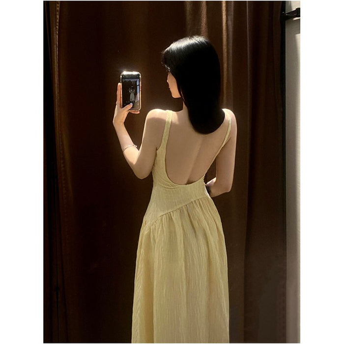 Drawdream French style yellow square neck slip dress sexy summer backless fitted waist long dress image 0