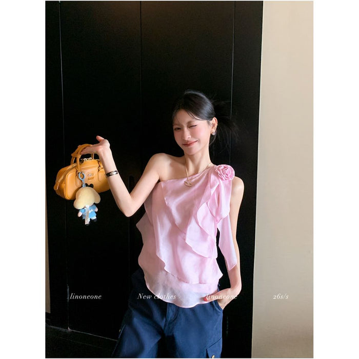 ASAYA7065 – Blossom Cascade One-Shoulder Top 🌸🤍