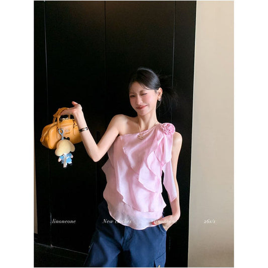 ASAYA7065 – Blossom Cascade One-Shoulder Top 🌸🤍