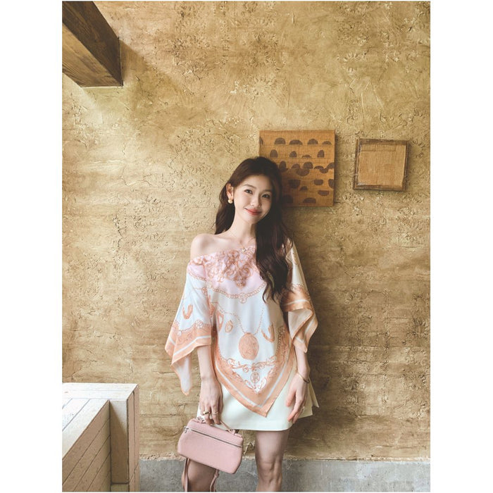 Syeee Sweet Dream Printed Square Scarf Top for Women Summer Retro Gentle Draping Off Shoulder image 0