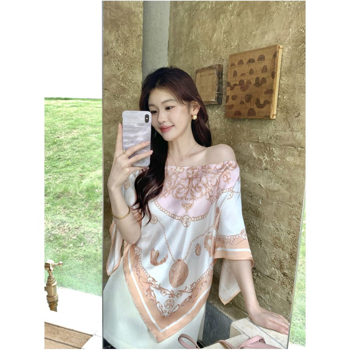 Syeee Sweet Dream Printed Square Scarf Top for Women Summer Retro Gentle Draping Off Shoulder image 1