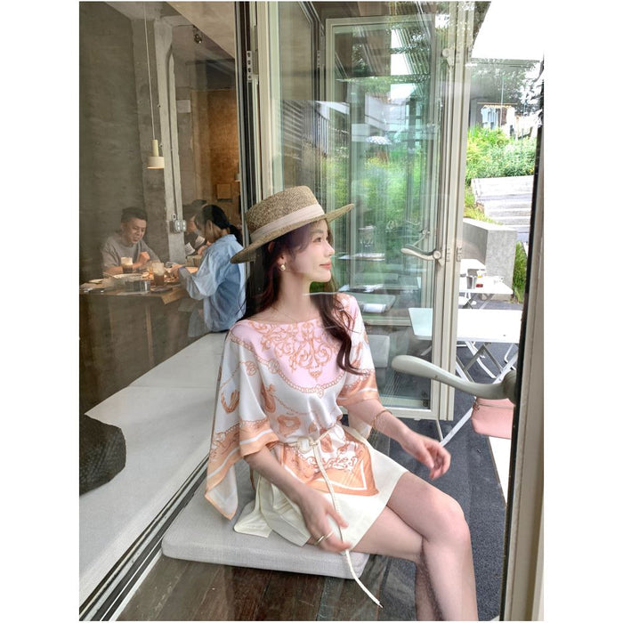 Syeee Sweet Dream Printed Square Scarf Top for Women Summer Retro Gentle Draping Off Shoulder image 2