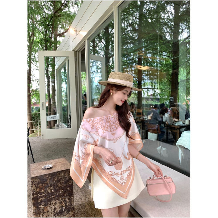 Syeee Sweet Dream Printed Square Scarf Top for Women Summer Retro Gentle Draping Off Shoulder image 3