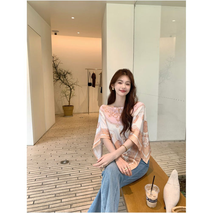 Syeee Sweet Dream Printed Square Scarf Top for Women Summer Retro Gentle Draping Off Shoulder image 4