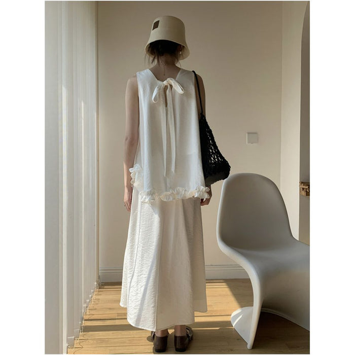 Aowen 2026 Summer Fashion Set Backless Bow Tie Sleeveless Ruffled Top Solid Color Skirt image 0