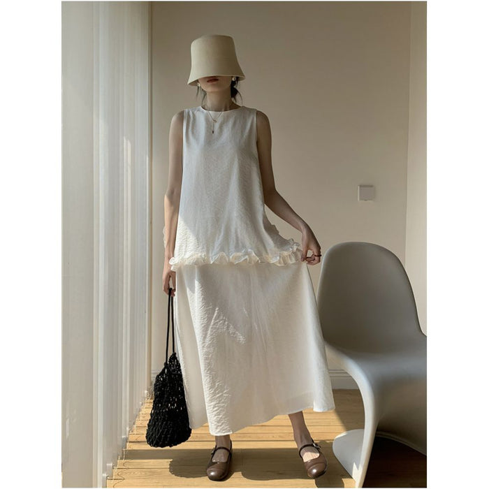Aowen 2026 Summer Fashion Set Backless Bow Tie Sleeveless Ruffled Top Solid Color Skirt image 1