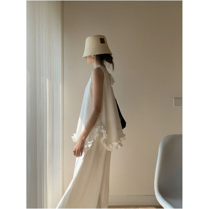 Aowen 2026 Summer Fashion Set Backless Bow Tie Sleeveless Ruffled Top Solid Color Skirt image 2