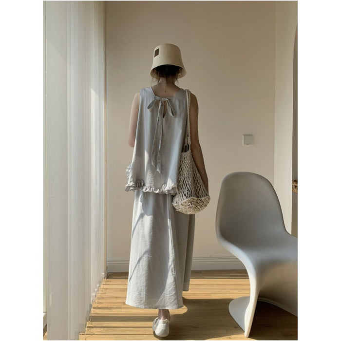 Aowen 2026 Summer Fashion Set Backless Bow Tie Sleeveless Ruffled Top Solid Color Skirt image 3