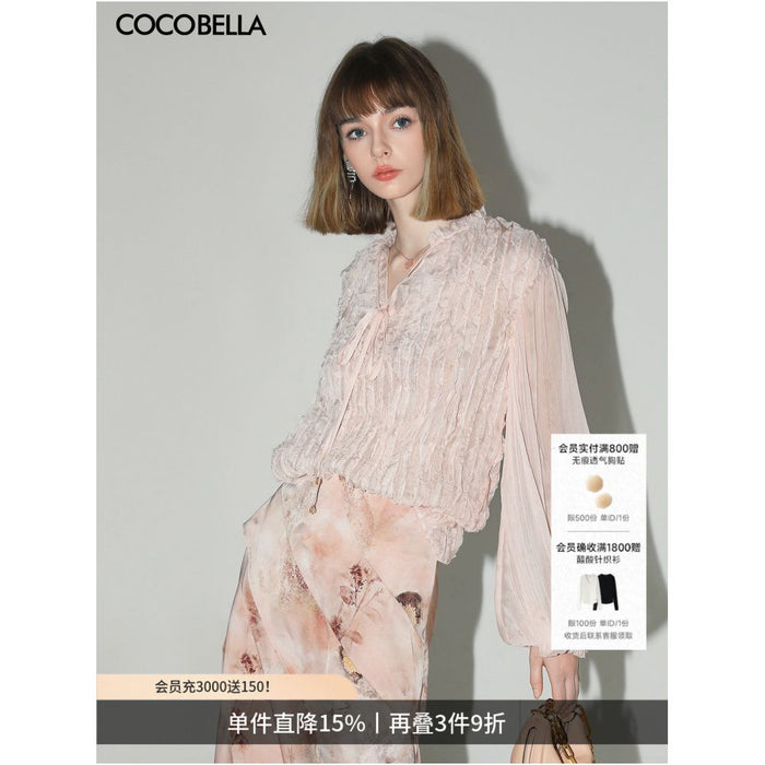 COCOBELLA Elegant Chiffon Blouse with Ruffled Trim and Pleated Ribbon Stand Collar SR3006 2 image 0