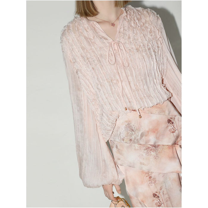 COCOBELLA Elegant Chiffon Blouse with Ruffled Trim and Pleated Ribbon Stand Collar SR3006 2 image 1