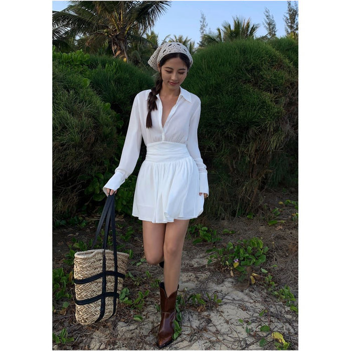 NEVA HU White French style Shirt Dress Short Design Slim Fit Long Sleeves Perfect for Petite Women image 1