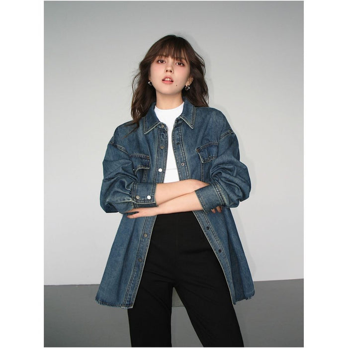 NEVA HU Blue Retro Denim Shirt Women s New Loose Casual Design Long Sleeved Jacket Top image 1