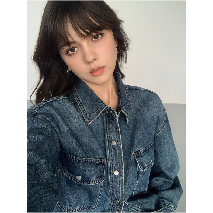 NEVA HU Blue Retro Denim Shirt Women s New Loose Casual Design Long Sleeved Jacket Top image 2